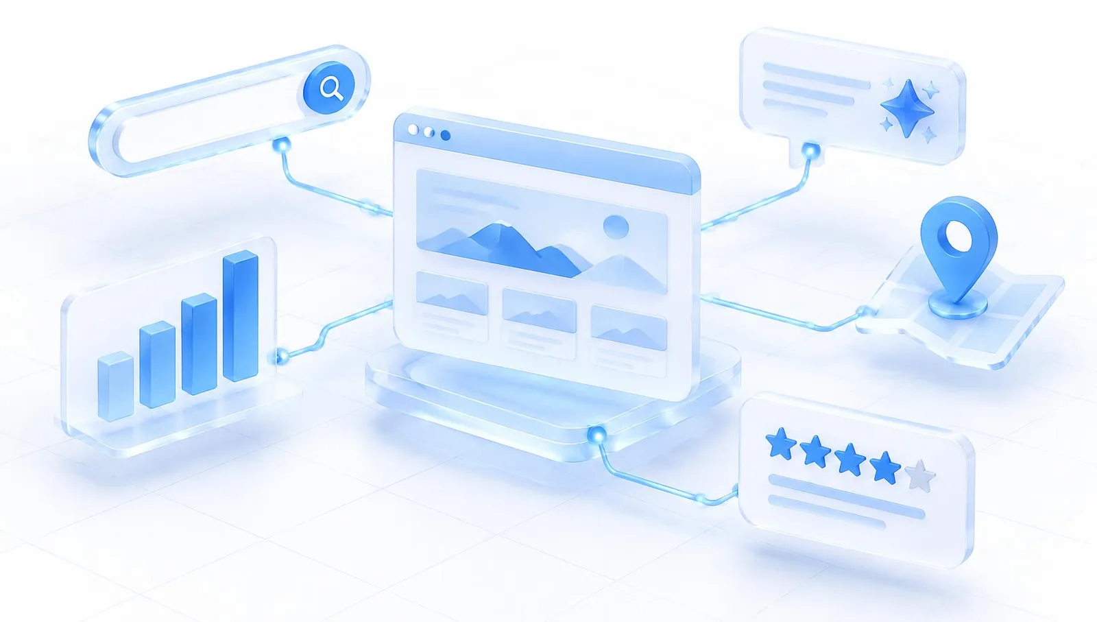 A website at the centre of a connected SEO and GEO ecosystem: search bar, AI answer, growth chart, map pin and five-star reviews